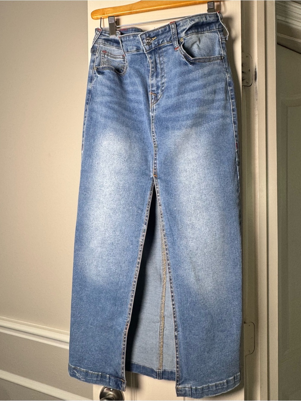 True Religion Light Blue Denim Maxi Skirt with Front Slit - waist 28